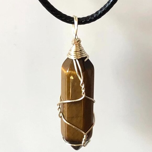 Tiger Eye Natural Gemstone Hexagonal Point Wire Wrapped Pendant Necklace - Picture 3 of 3